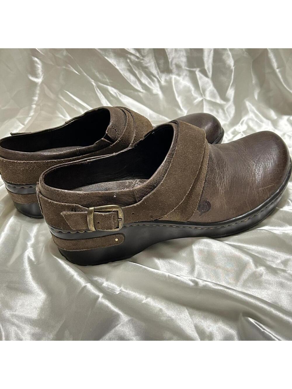 Cottagecore Boho BORN Brown Leather Wooden Clogs/Mules Size 8/39